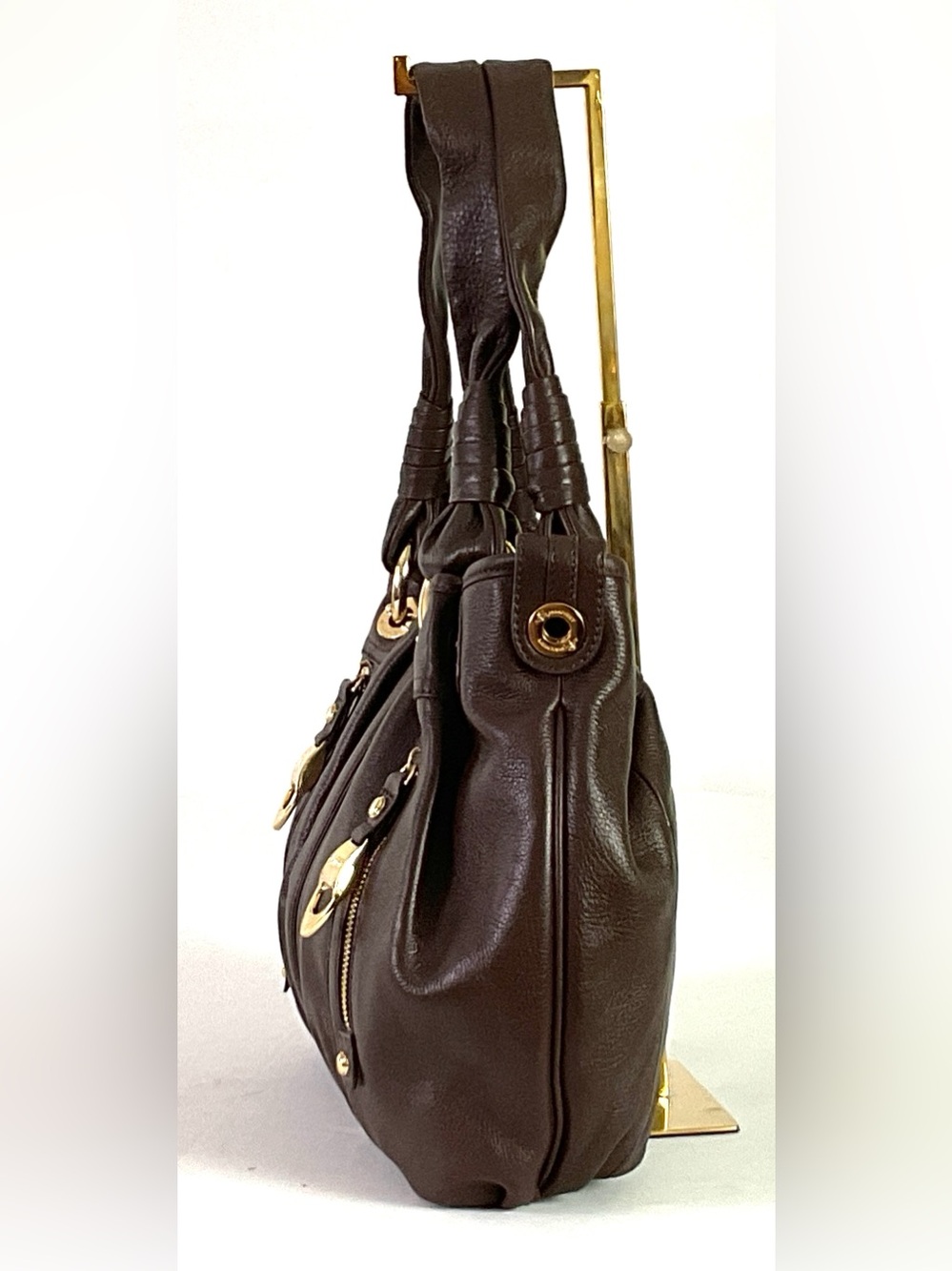 NWOT- B Makowsky brown, pleated, leather, goldtone hardware hobo shoulder bag - Picture 4 of 15